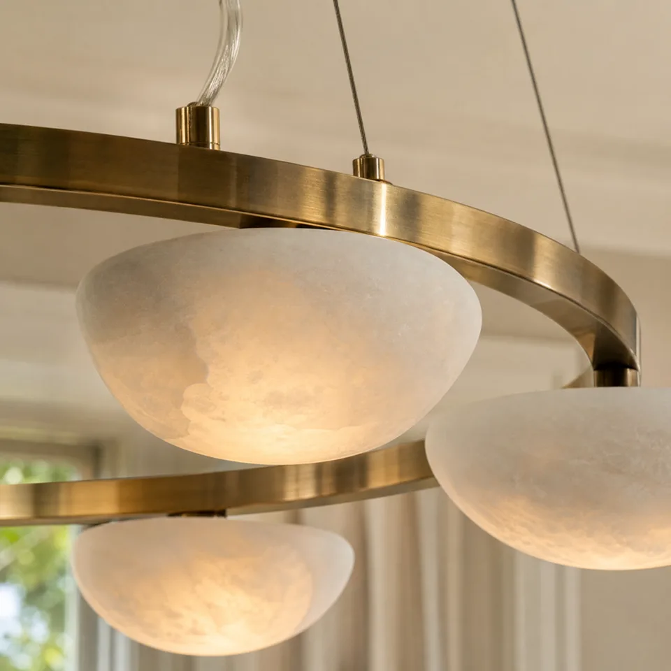 Alabaster Pebble Ring Chandelier 8 Alabaster pebble ring chandelier cable and brass fitting detail