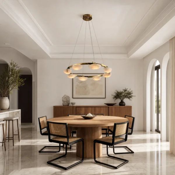 Alabaster pebble ring chandelier above a dining table