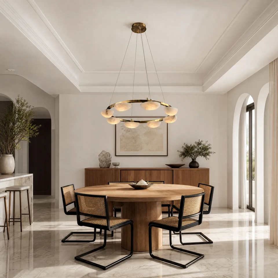 Alabaster Pebble Ring Chandelier 5 Alabaster pebble ring chandelier above a dining table
