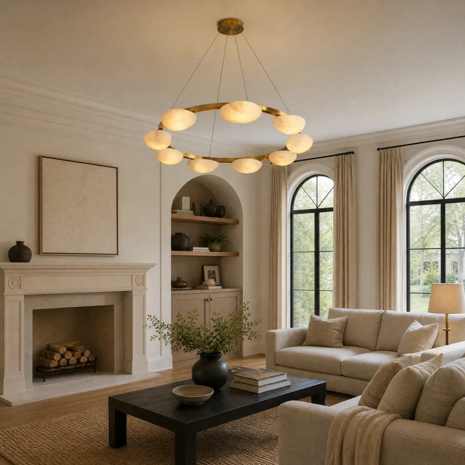 Alabaster Pebble Ring Chandelier 3 Alabaster pebble ring chandelier hanging in a living room