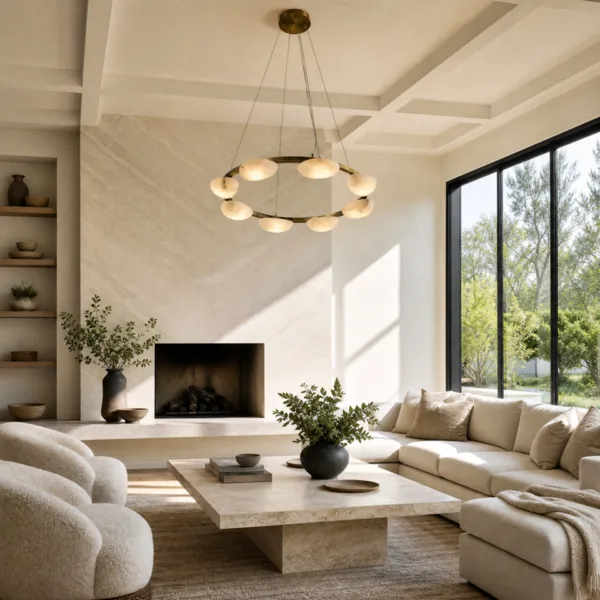 Brass alabaster pebble ring chandelier in a modern living room