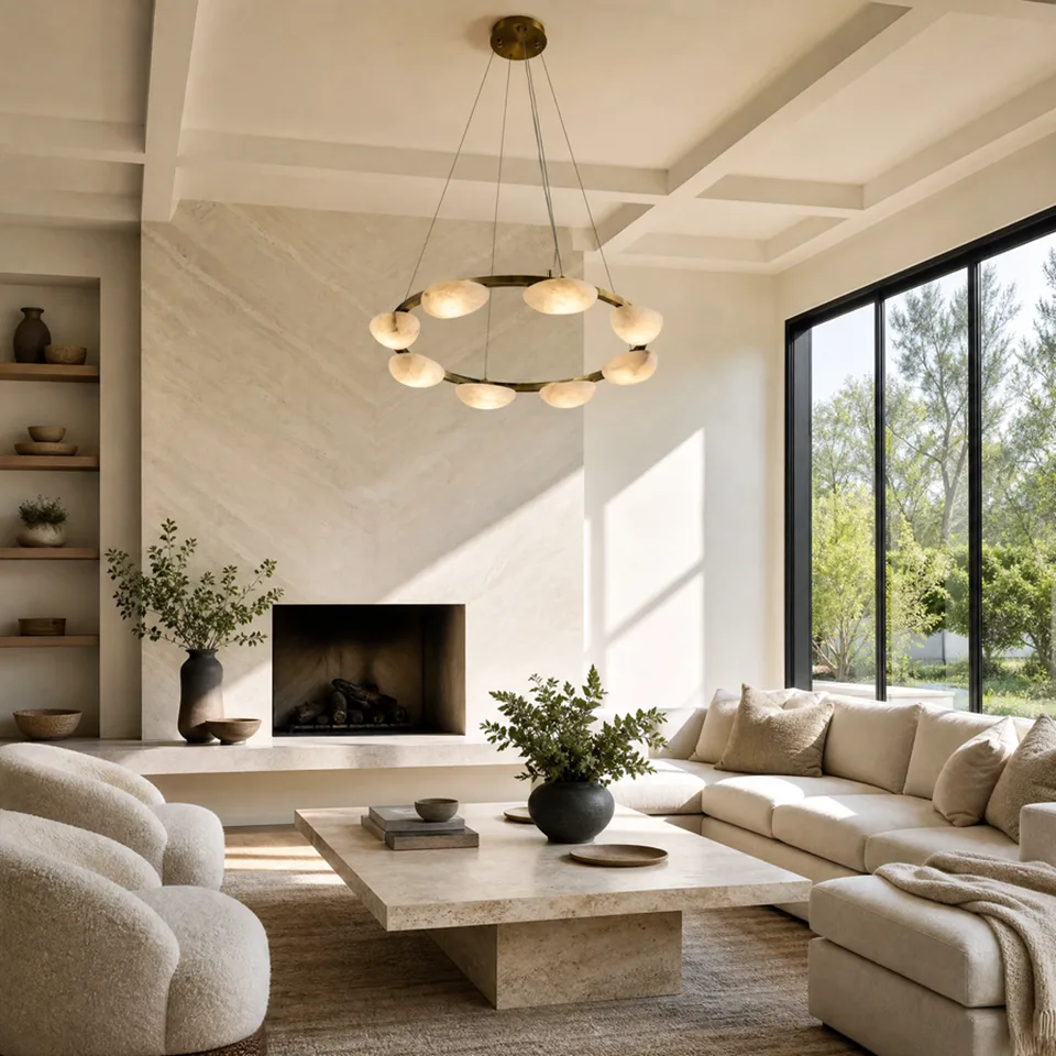 Alabaster Pebble Ring Chandelier 4 Brass alabaster pebble ring chandelier in a modern living room