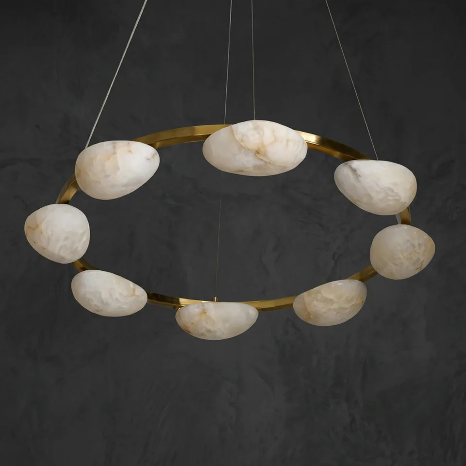 Alabaster pebble ring chandelier with brushed brass ring and eight pebbles