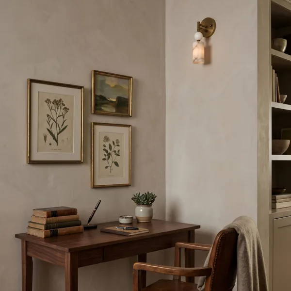 Alabaster wall hanging light above a wooden study desk