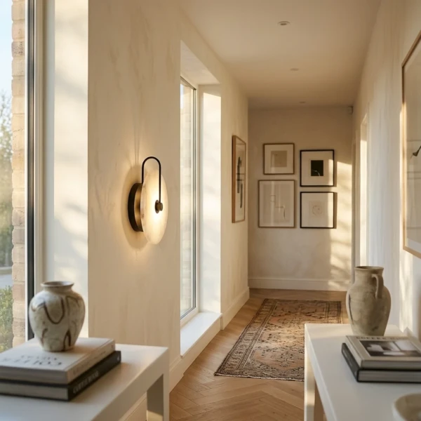 Black-arm alabaster plug in wall lamp lighting a sunlit hallway beside a console