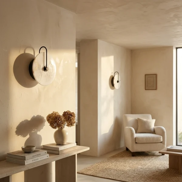Two black-arm alabaster plug in wall lamps on cream plaster walls in a calm living room
