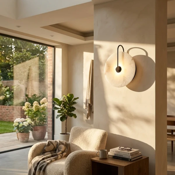 Black-arm alabaster plug in wall lamp above a bouclé armchair in a bright reading corner