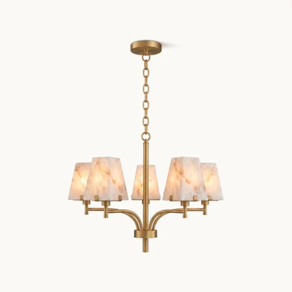 Alabaster shade chandelier with five tapered alabaster shades on slim brass arms, on a white background