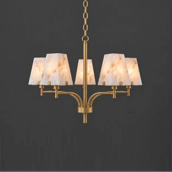 Alabaster shade chandelier showing slim brass arms and veined alabaster shades