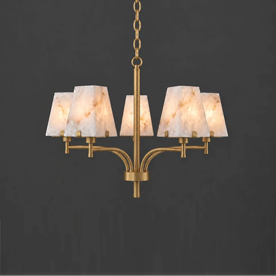 Home 2 Alabaster shade chandelier showing slim brass arms and veined alabaster shades