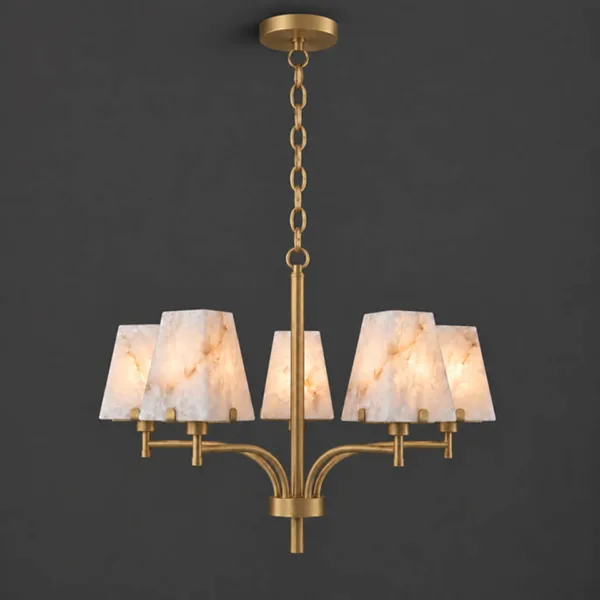 Alabaster shade chandelier with brass chain and glowing alabaster shades on a dark backdrop