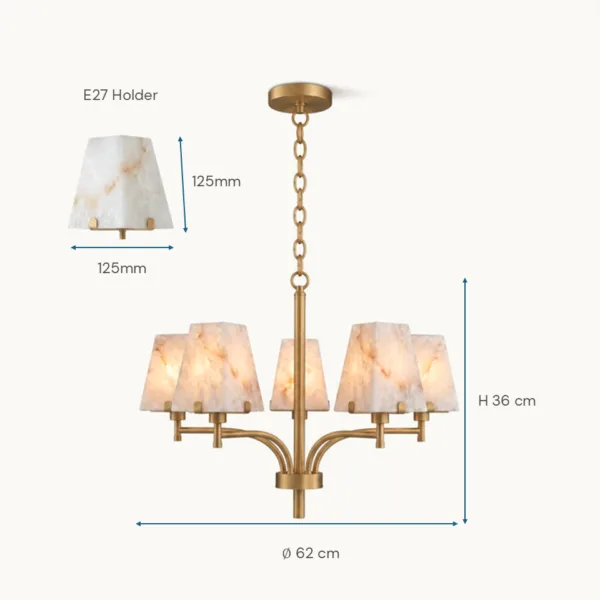 Alabaster shade chandelier dimension drawing: 62 cm diameter, 36 cm height, 12.5 cm shade, E27 holder