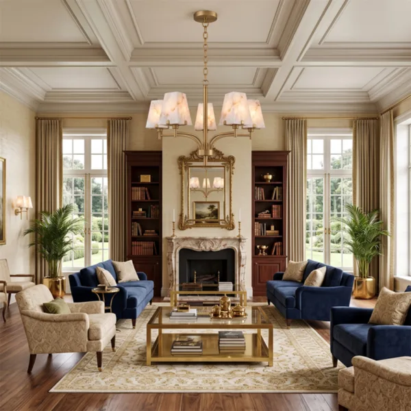 Alabaster shade chandelier in a classic living room with a fireplace and navy sofas