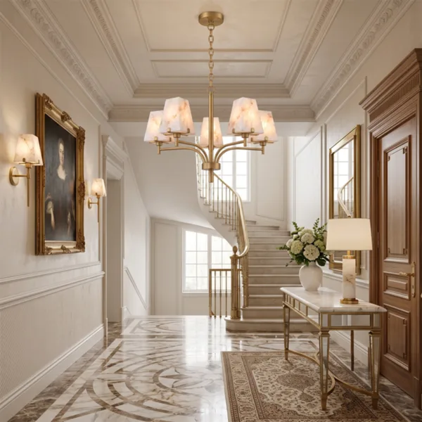 Alabaster shade chandelier in a classic hallway beside a curved staircase