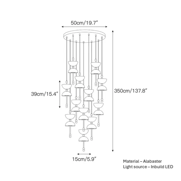 Alabaster staircase chandelier dimension drawing: 350 cm (137.8 in) height, 50 cm (19.7 in) canopy, 39 cm (15.4 in) pendant