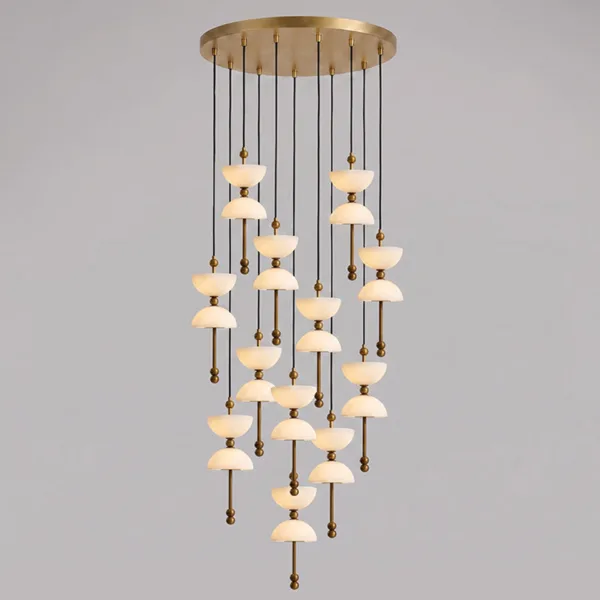 Alabaster staircase chandelier with 12 glowing pendants on a round brass canopy