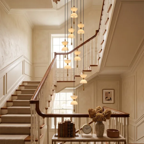 Alabaster staircase chandelier hanging above a wooden staircase in a cream foyer
