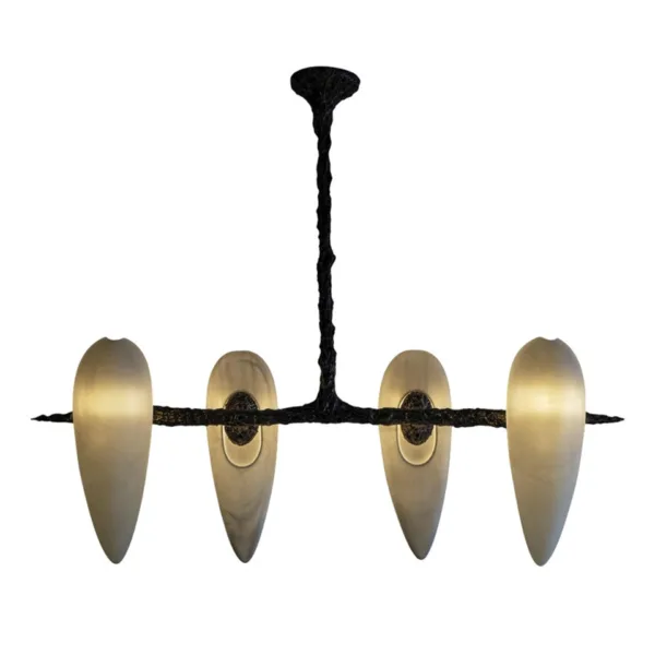 Alabaster teardrop chandelier with four glowing alabaster drops on a cast metal frame, on a white background