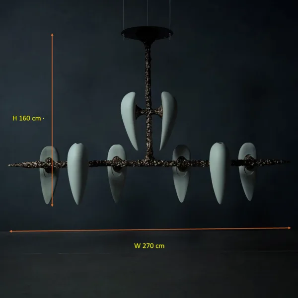 Size drawing of the eight-alabaster teardrop chandelier: height 160 cm, width 270 cm