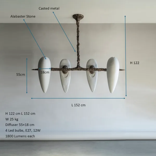 Alabaster teardrop chandelier dimensions: four-alabaster version height 122 cm, length 152 cm, each alabaster 55 by 18 cm, weight 25 kg