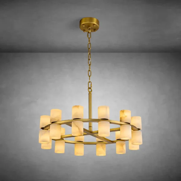 Round alabaster tube chandelier with brass frame, chain and canopy, lit