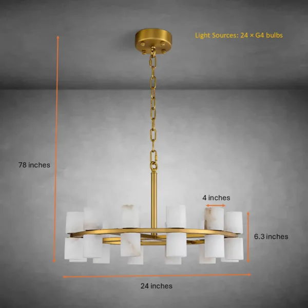Round alabaster tube chandelier dimensions, 24 inches wide, 24 G4 lights