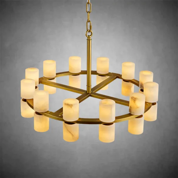 Alabaster tube chandelier brass frame and alabaster tubes, close-up