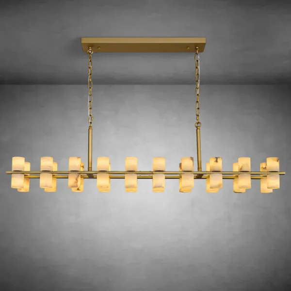 Linear alabaster tube chandelier with brass bar, chains and rectangular canopy, lit