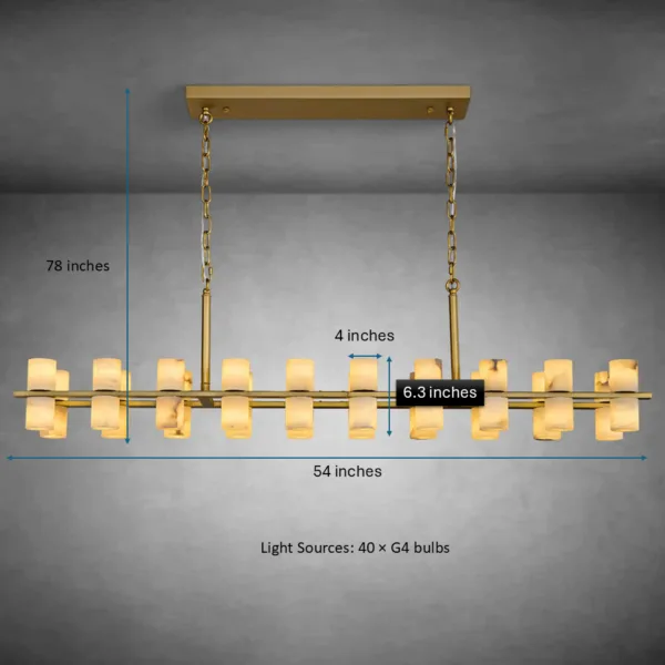 Linear alabaster tube chandelier dimensions, 54 inches long, 40 G4 lights