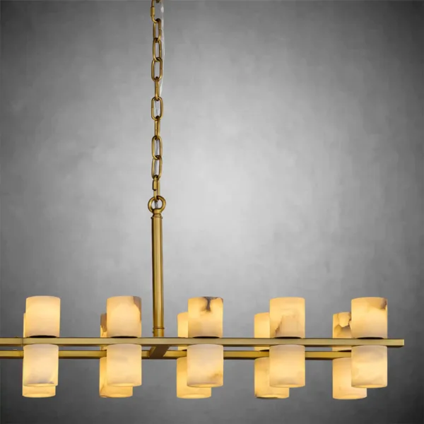 Linear alabaster tube chandelier end view, alabaster tubes above and below the bar