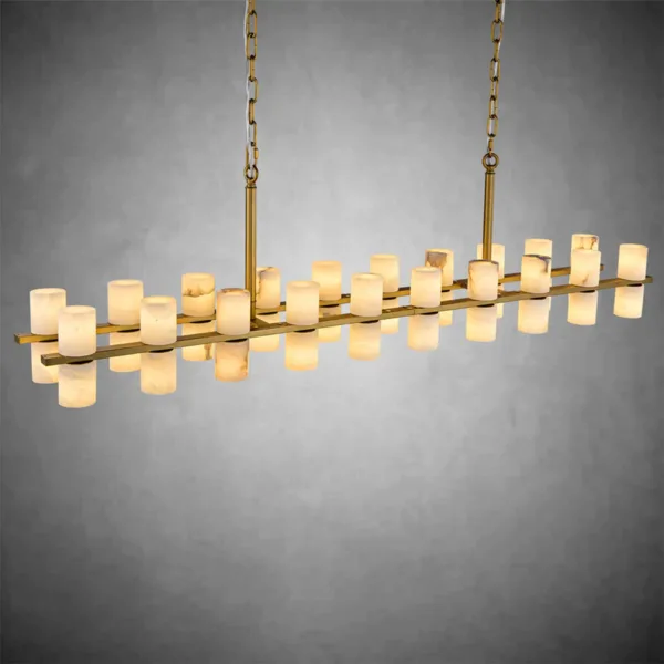 Linear alabaster tube chandelier side view, lit alabaster tubes