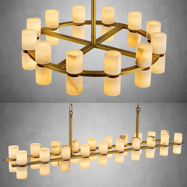 Alabaster tube chandelier in round and linear versions, brass frame, lit