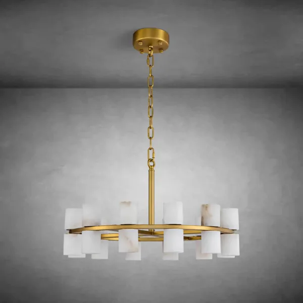 Round alabaster tube chandelier unlit, natural stone veining