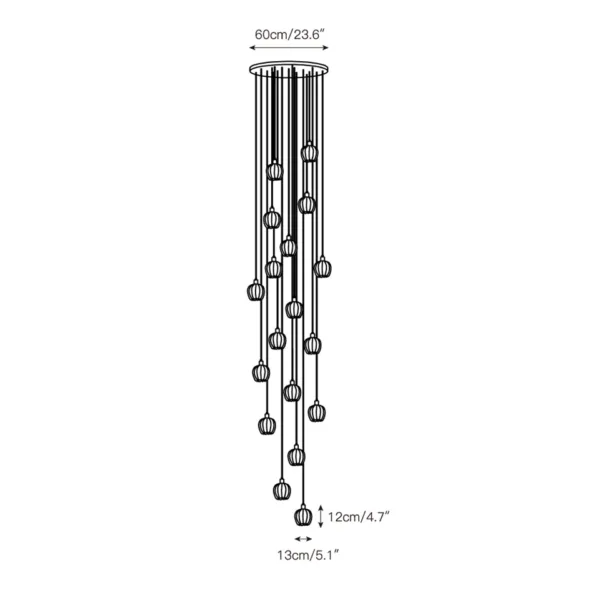 Alabaster tulip chandelier dimension drawing: 60 cm (23.6 in) canopy, 13 cm (5.1 in) wide and 12 cm (4.7 in) tall shades