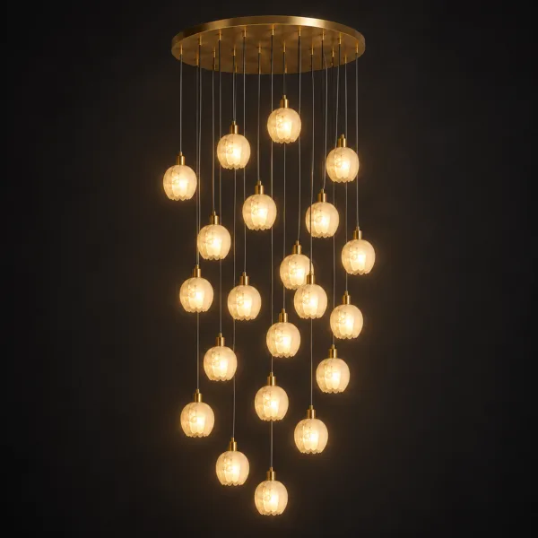 Alabaster tulip chandelier with 18 glowing shades on a black backdrop