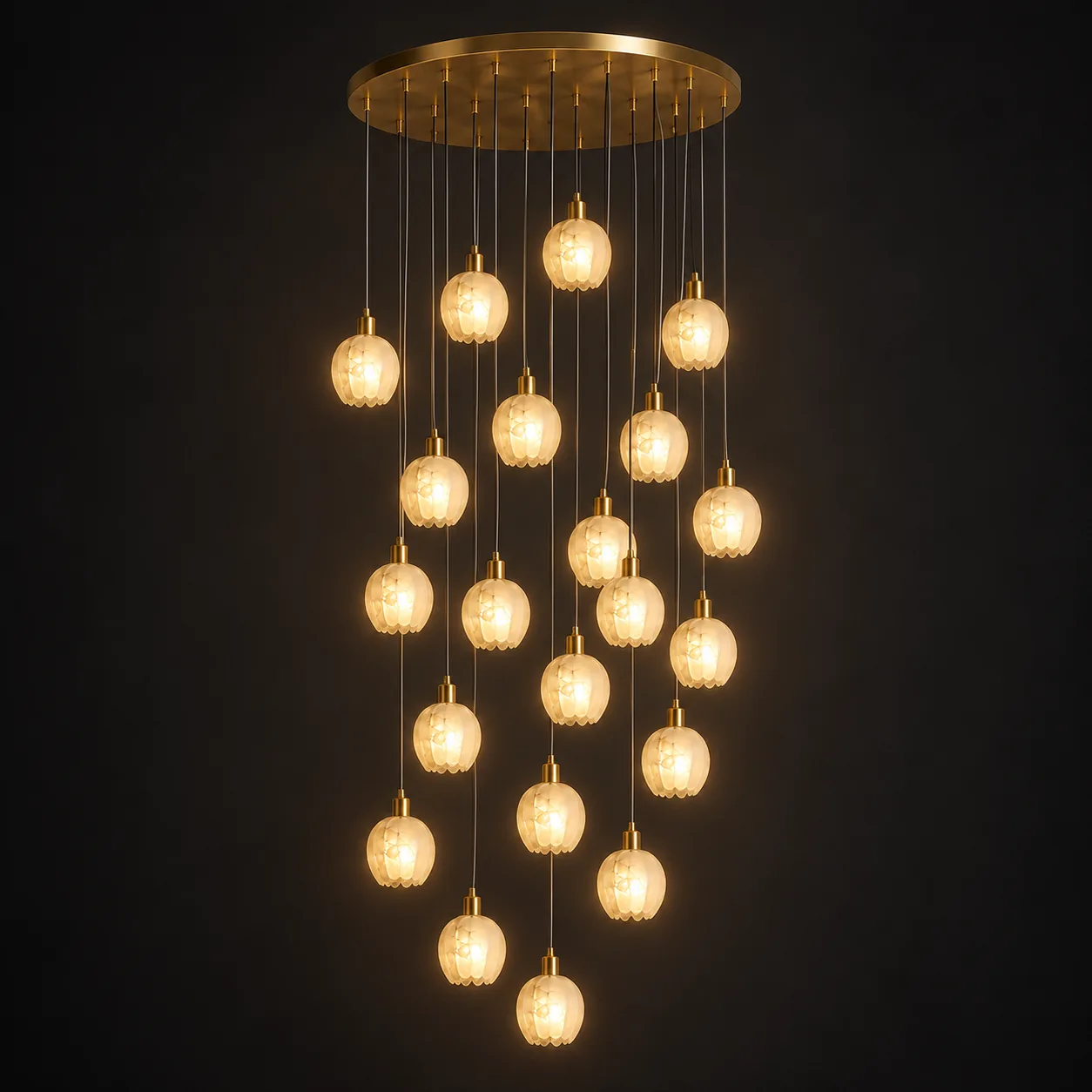 Home 4 Alabaster tulip chandelier with 18 glowing shades on a black backdrop