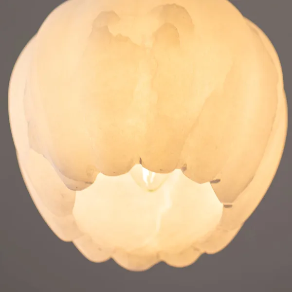 Lit alabaster shade from the alabaster tulip chandelier with the bulb softly visible
