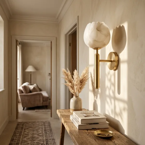 Alabaster tulip sconce lit above a wooden console in a cream hallway