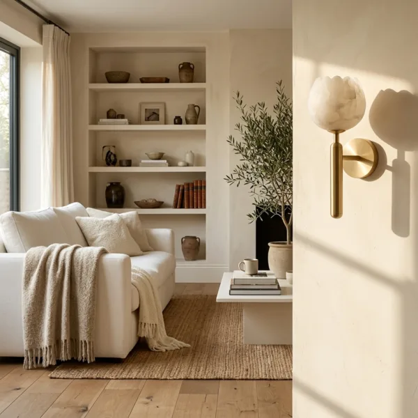 Alabaster tulip sconce on a living room wall beside a white sofa and shelving