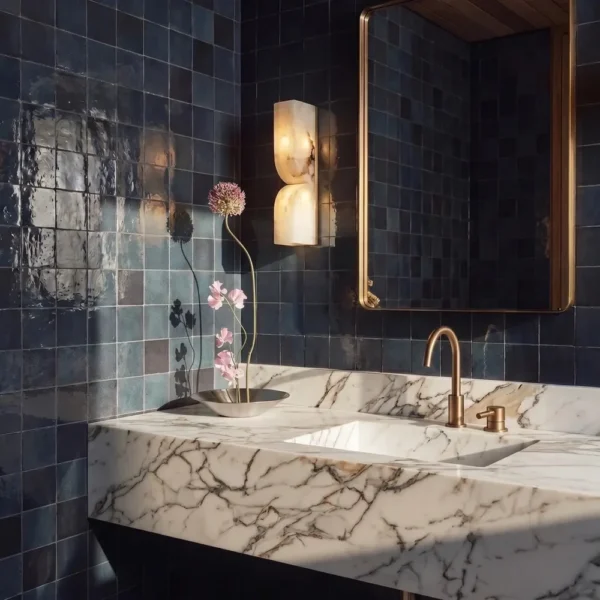 Alabaster wall light beside a bathroom mirror above a veined marble basin and blue tiles