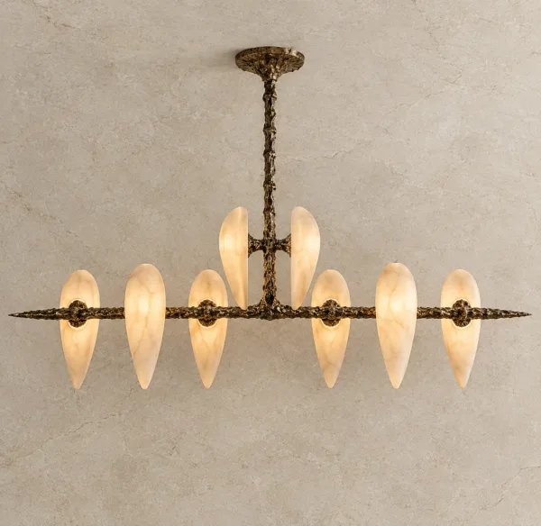 Alabaster teardrop chandelier with eight glowing veined alabaster drops on a textured cast gold-bronze frame
