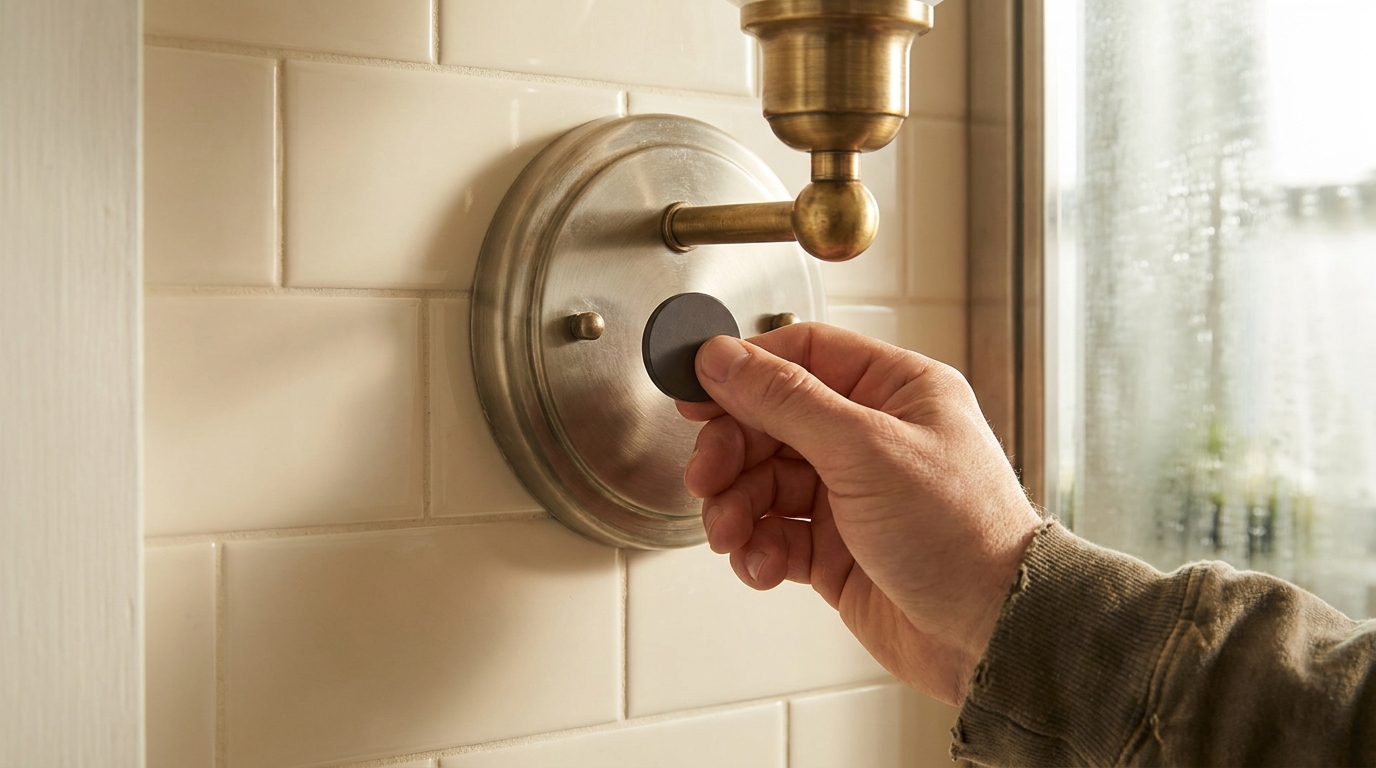 Bathroom light magnet check: a hand holds a fridge magnet to a wall light back plate