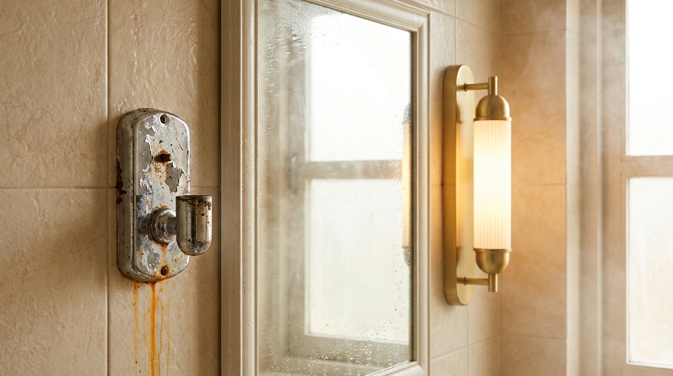 Bathroom light: a rusted chrome-plated wall light beside a clean stainless steel wall light in a steamy bathroom