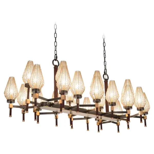 Rectangular chandelier with beaded shades seen at an angle, two hanging chains