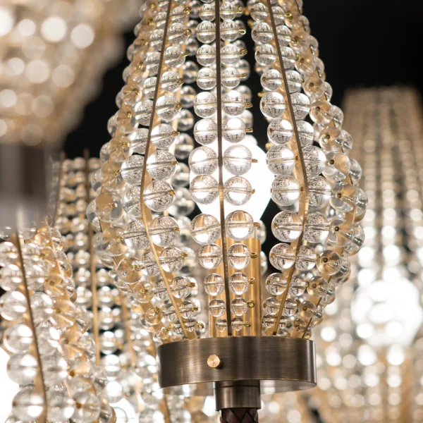 Beaded shade made of strings of clear beads, close-up