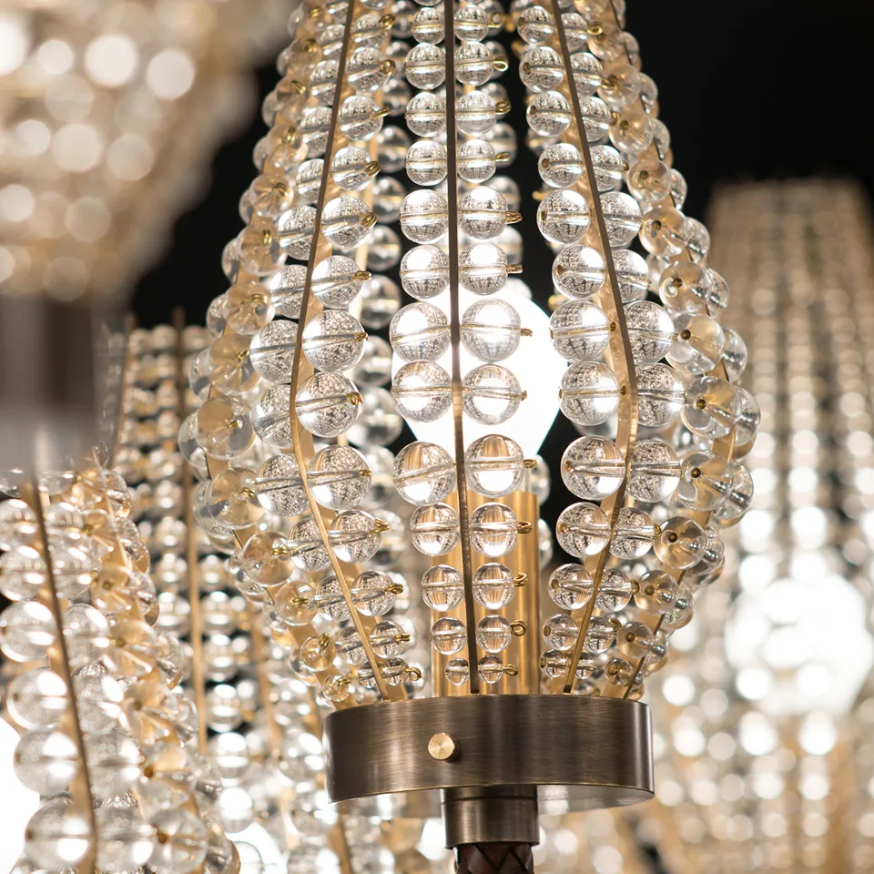 Beaded Rectangular Chandelier 11 Beaded shade made of strings of clear beads, close-up