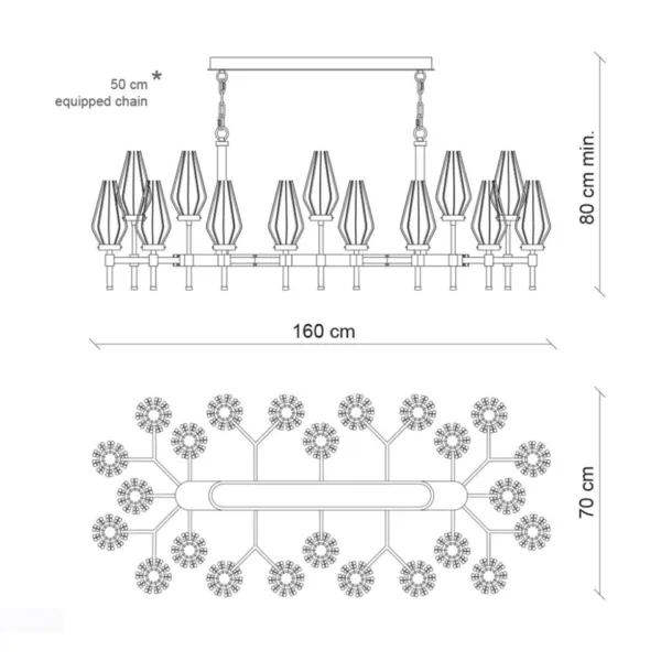 Beaded rectangular chandelier dimensions, 160 cm long, 70 cm wide, 80 cm high