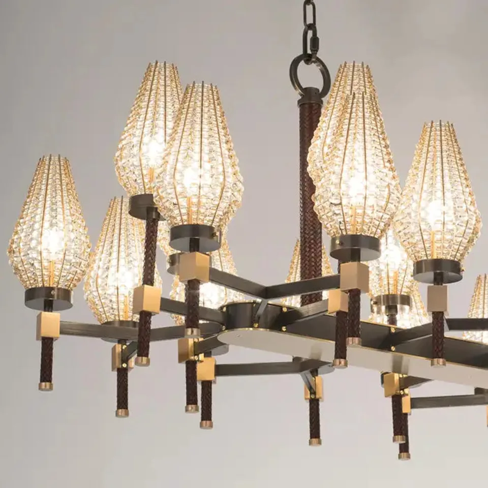 Beaded Rectangular Chandelier 9 Dark metal arms, brass blocks and braided posts of the rectangular chandelier
