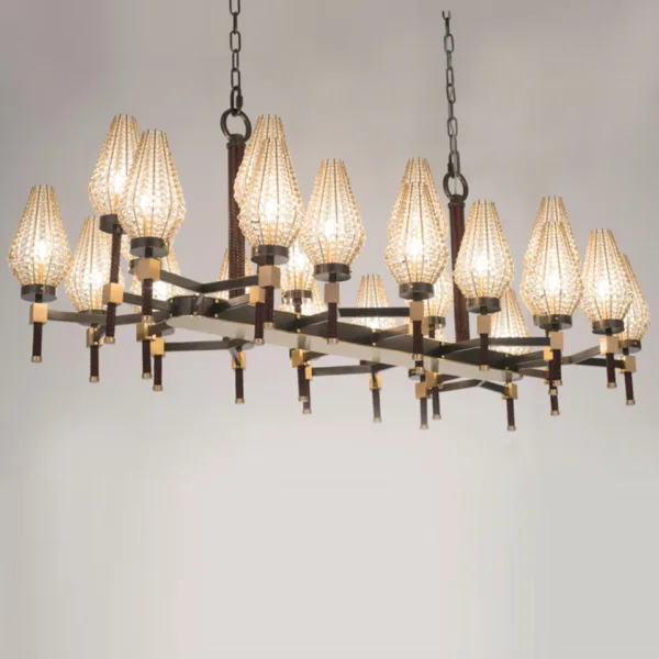 Beaded rectangular chandelier from below, layered shades on an open frame