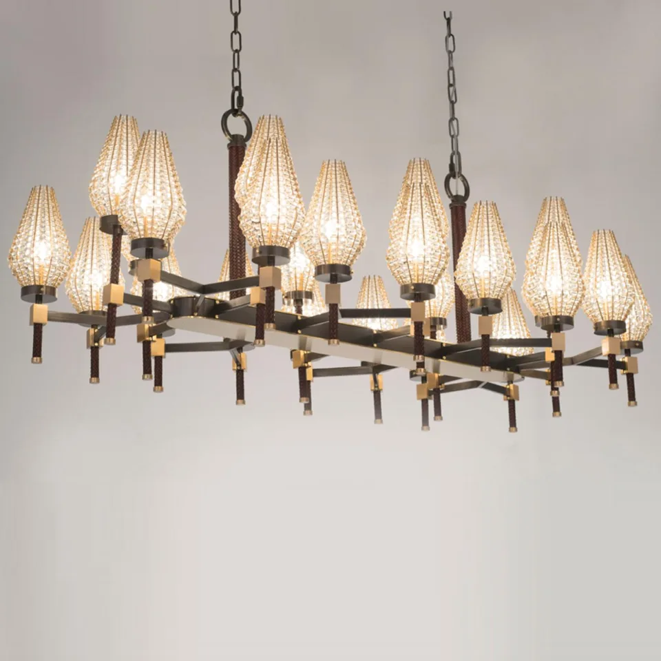 Beaded Rectangular Chandelier 5 Beaded rectangular chandelier from below, layered shades on an open frame